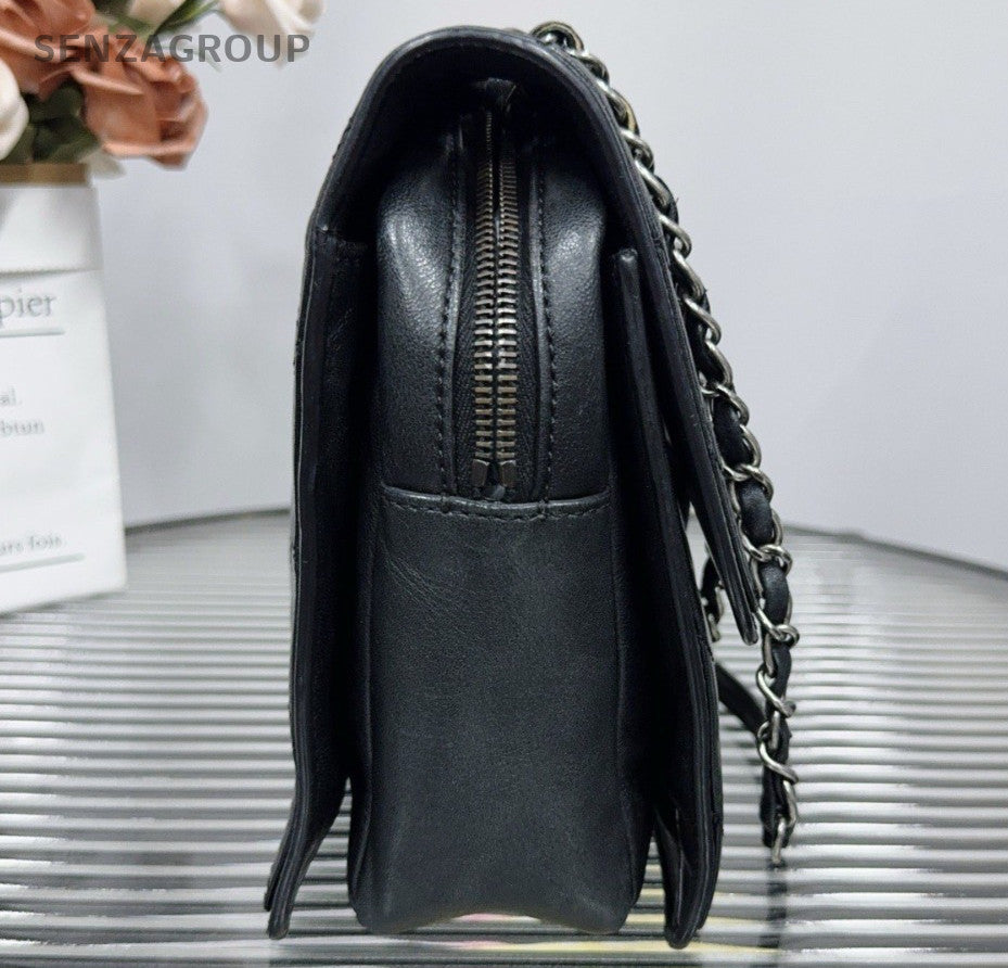 Chanel Classic Flap Lambskin Chain Shoulder Bag Black Silver Women Diamond