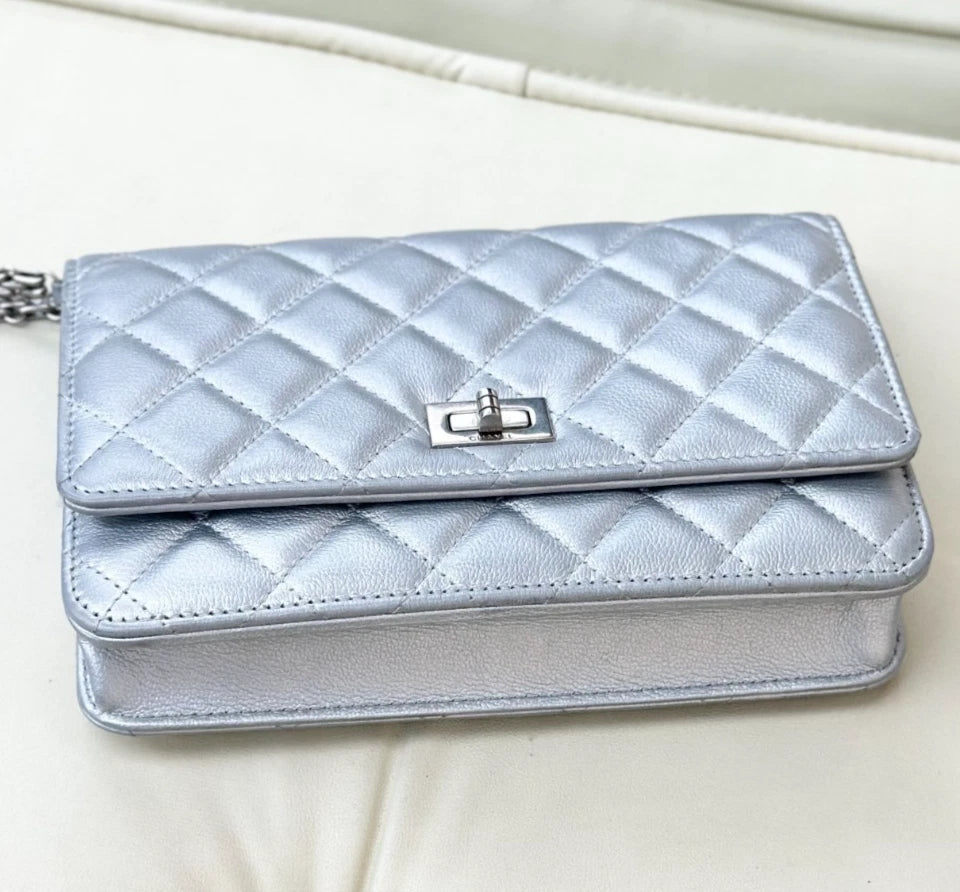 Chanel 2.55 WOC Calfskin Chain Shoulder Bag Crossbody Silver Diamond Women S