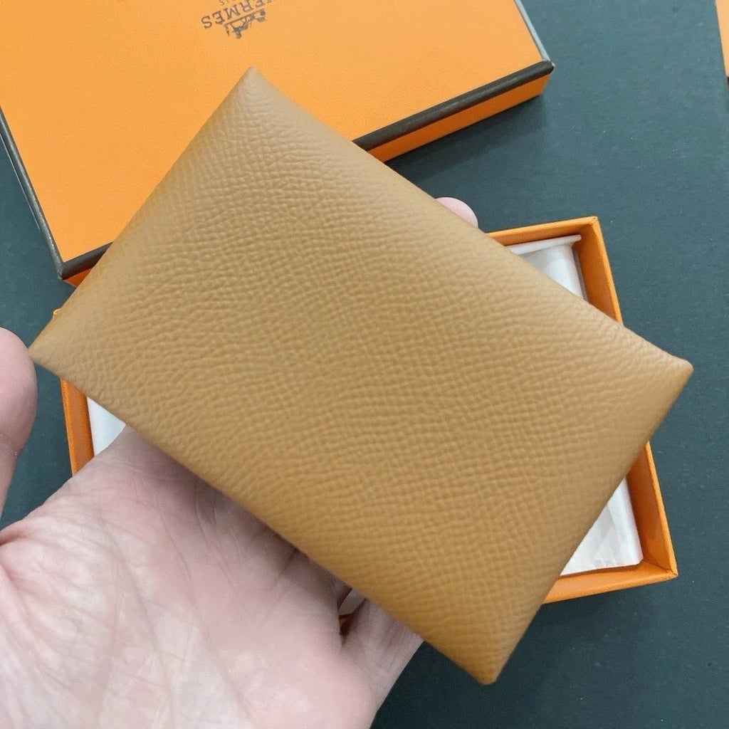 Hermes Calvi Silver Buckle Calfskin Card Wallet For Women Brown