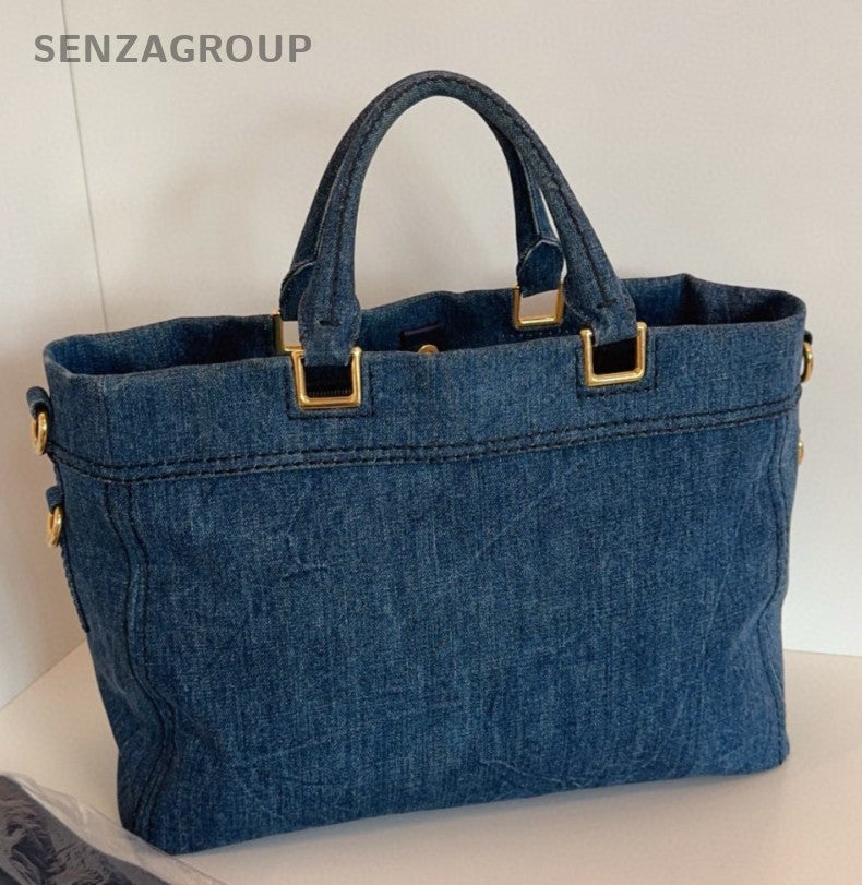 Prada Denim Tote 2Way Top Handle Bag Shoulder Bag Blue Gold Women Classic