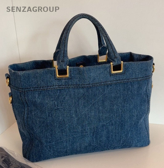 Prada Denim Tote 2Way Top Handle Bag Shoulder Bag Blue Gold Women Classic