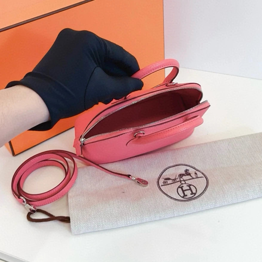 Hermes Bolide Mini Lambskin Top Handle Crossbody Pink Silver Women Classic