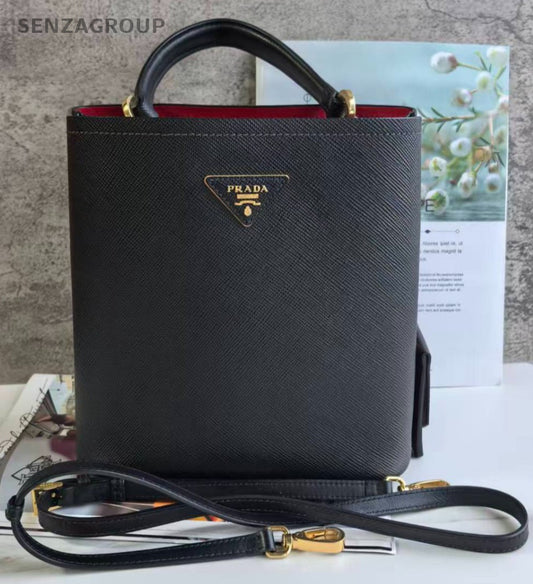 Prada Panier Bucket Black Gold Handbag Crossbody Used Women Classic