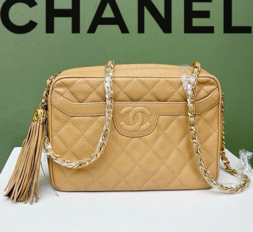 Chanel Diamond Tassel Camera Chain Shoulder Bag Beige Gold Used Women Classic