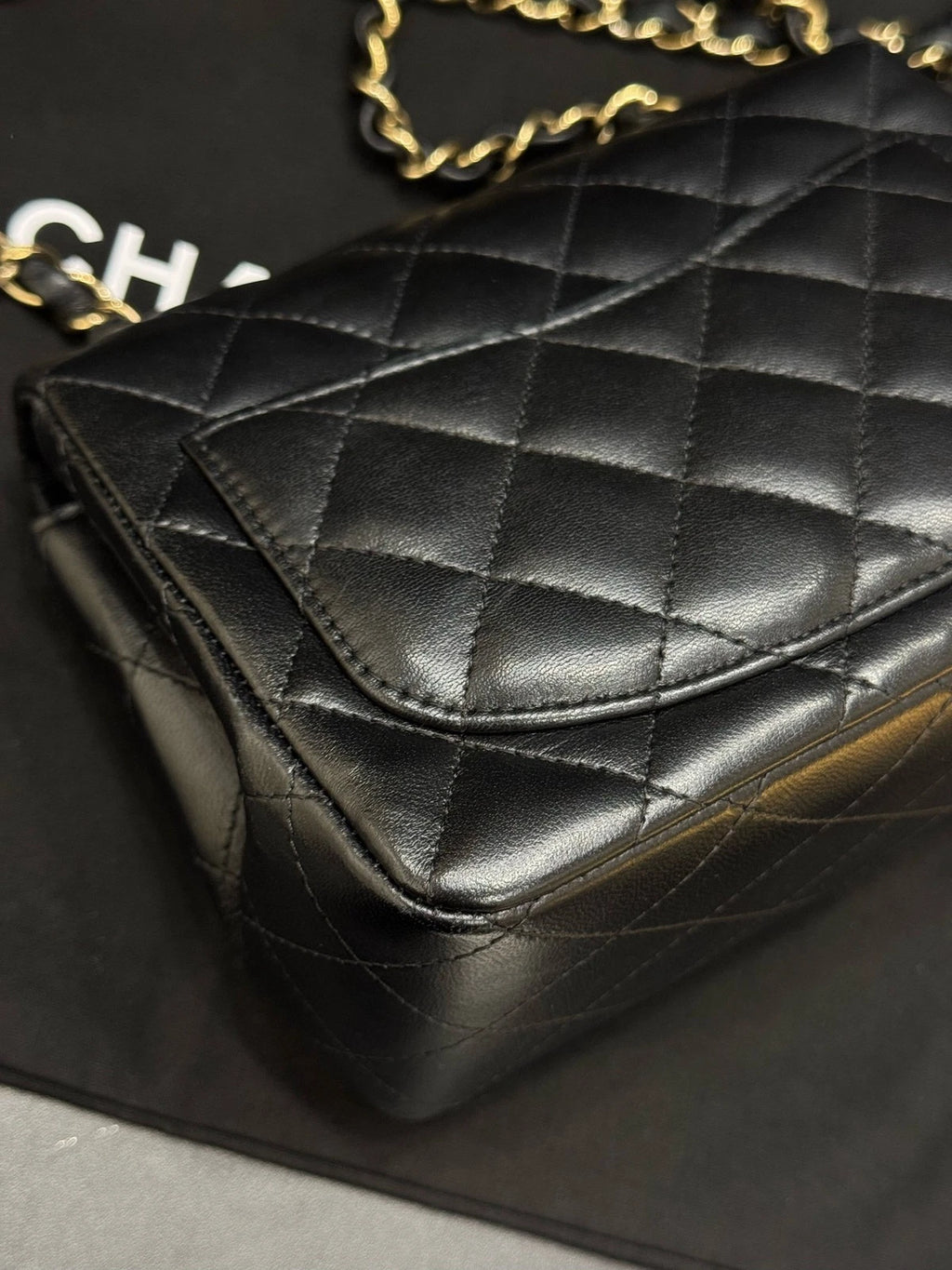 CHANEL Black Gold Lambskin Square Mini Chain Bag For Women