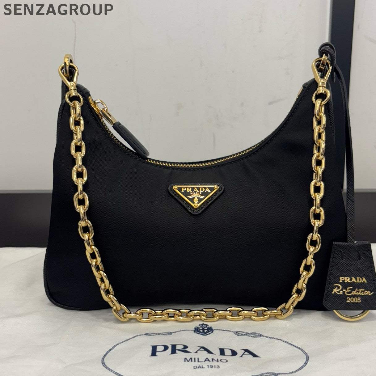 Prada Re-Edition Chain Shoulder Bag Black Gold Classic Women's