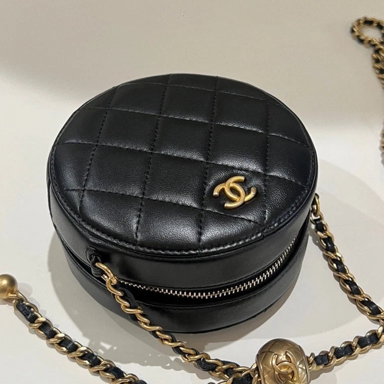Authentic CHANEL Gold Ball Black Gold Mini Round Crossbody Bag