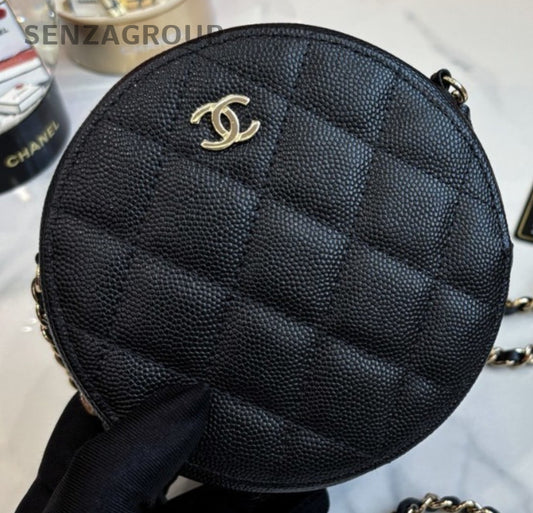 Chanel Caviar Leather Mini Round Flap Shoulder Crossbody Bag Black Women