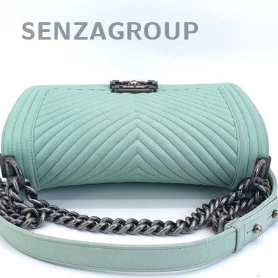 Chanel Le Boy Chevron Calfskin Chain Shoulder Bag Medium Green Silver