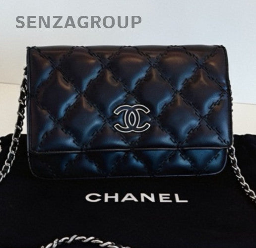 Chanel Calfskin Chain Crossbody Shoulder Bag Black Silver Women Classic