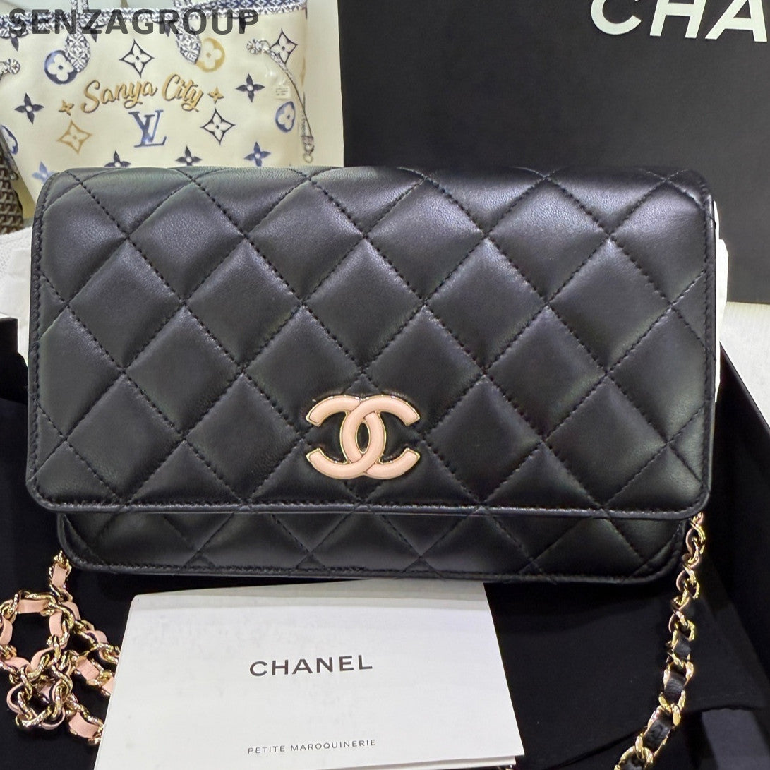 Chanel Black & Pink Quilted Chain WOC Shoulder Crossbody Bag
