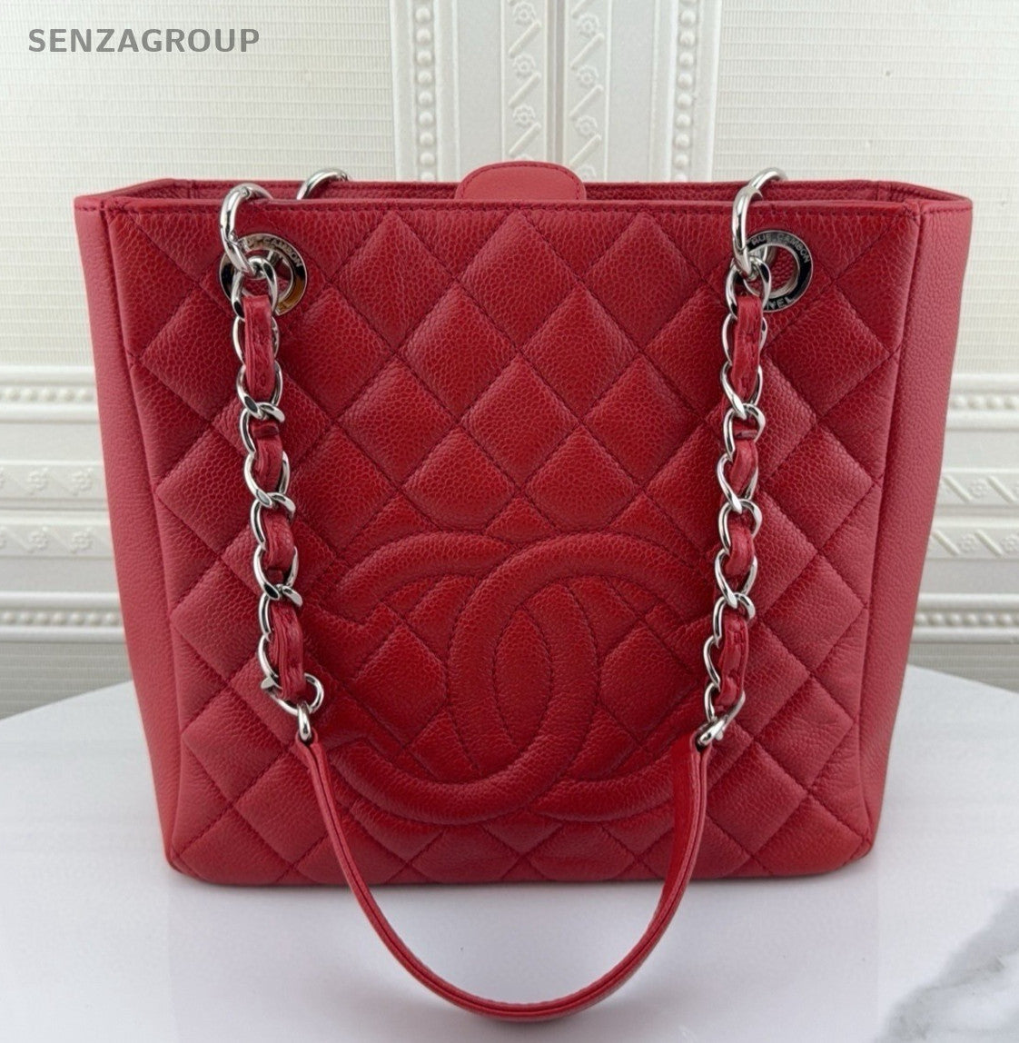 Chanel PST 12A Chain Calfskin Shoulder Bag Red Silver Diamond Women Classic