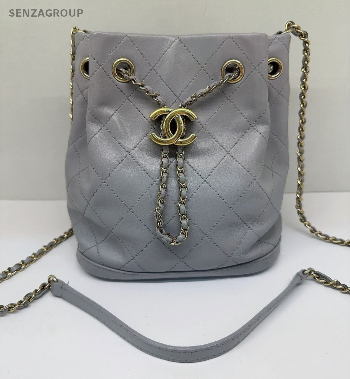 CHANEL Bucket Drawstring Calfskin Chain Shoulder bag Crossbody Gray Gold Women