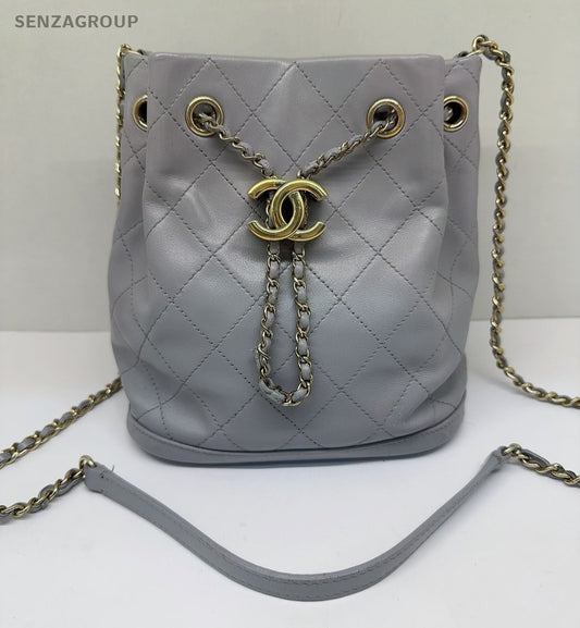 CHANEL Bucket Drawstring Calfskin Chain Shoulder bag Crossbody Gray Gold Women