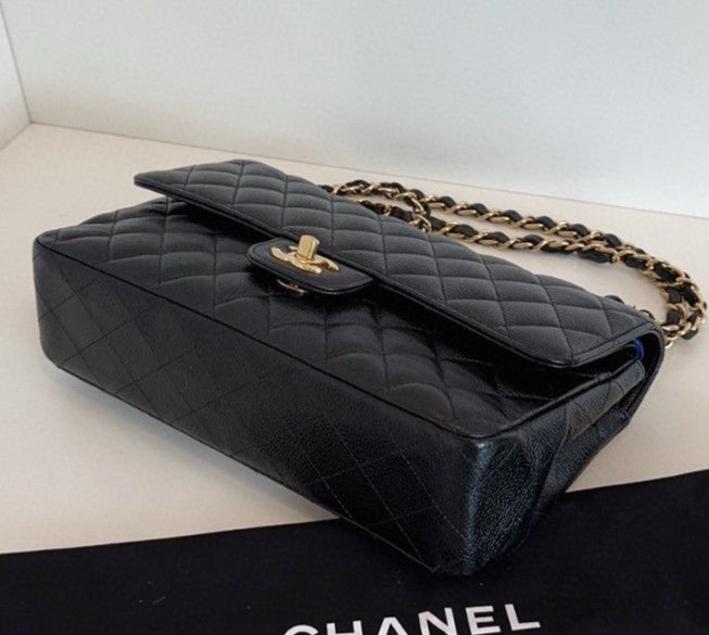 Chanel Classic Flap MM Calfskin Chain Shoulder Bag Crossbody Black Gold Women