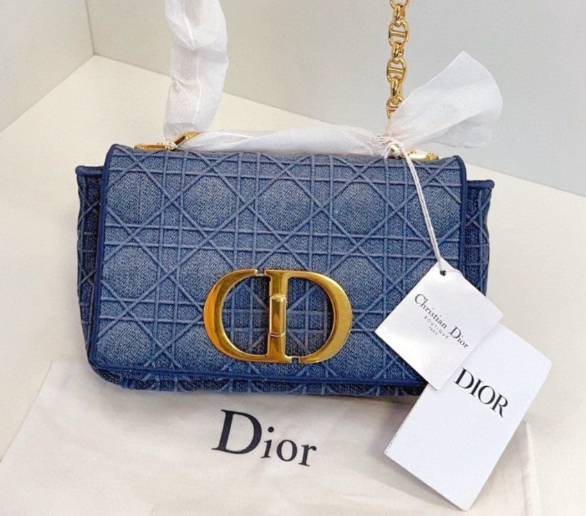 Christian Dior Caro PM Denim Wicker check pattern Chain Shoulder bag Blue Gold