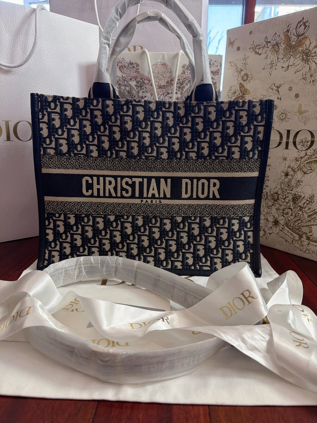 Excellent Christian Dior Book Tote MM Oblique Canvas Blue Handbag Shoulder Bag