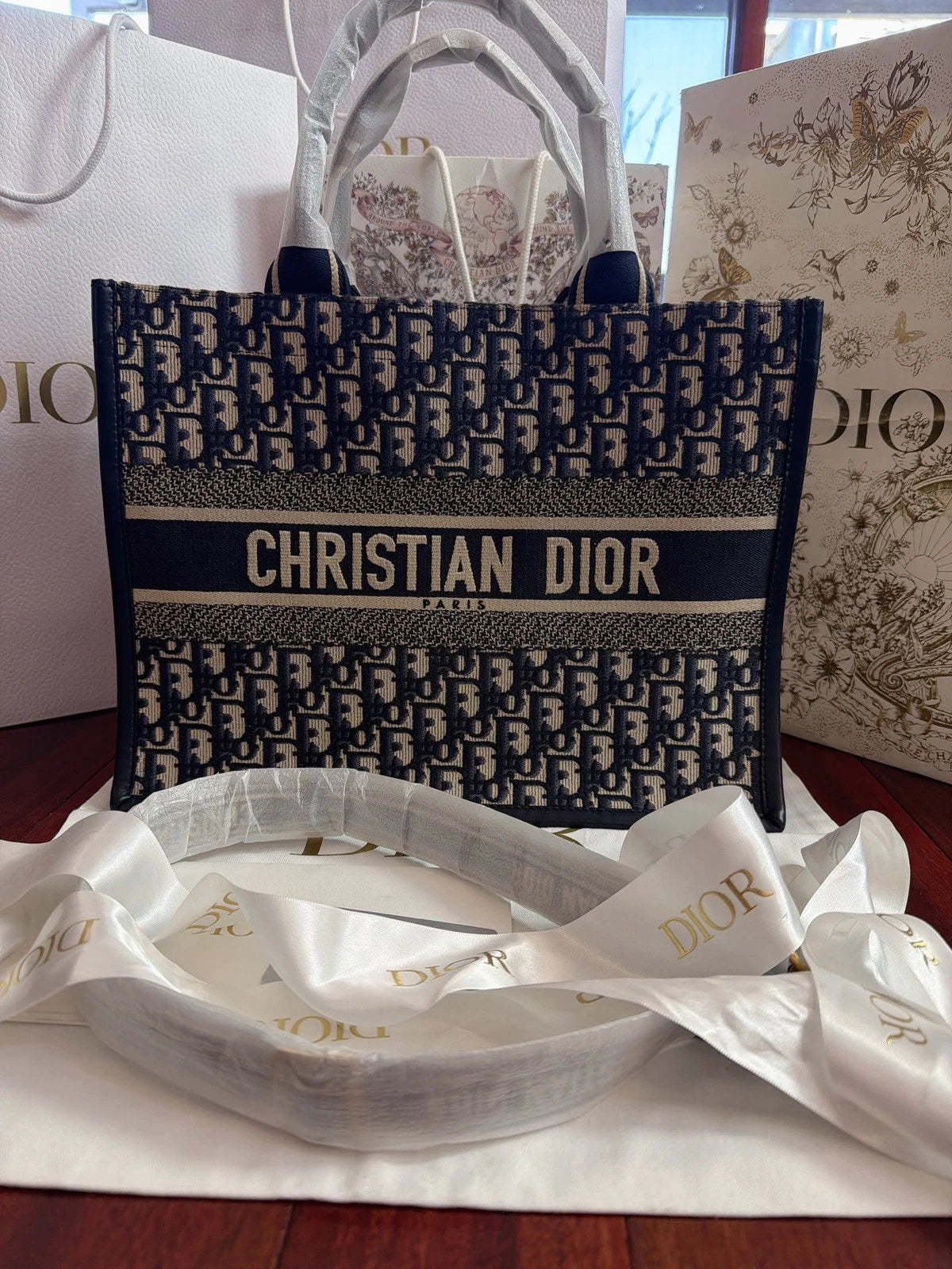 Excellent Christian Dior Book Tote MM Oblique Canvas Blue Handbag Shoulder Bag