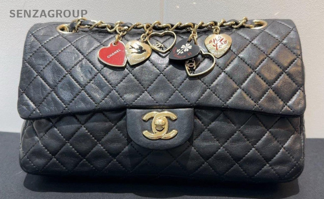 Chanel Classic Flap MM Lambkin Heart Chain Shoulder Bag Black Gold Women