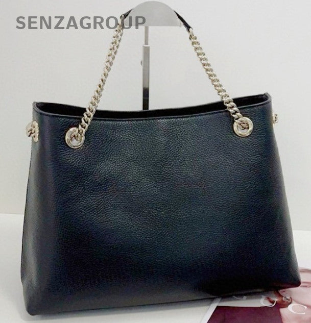 GUCCI Soho Tote Calfskin Leather Chain Shouder Bag Black White Women Classic