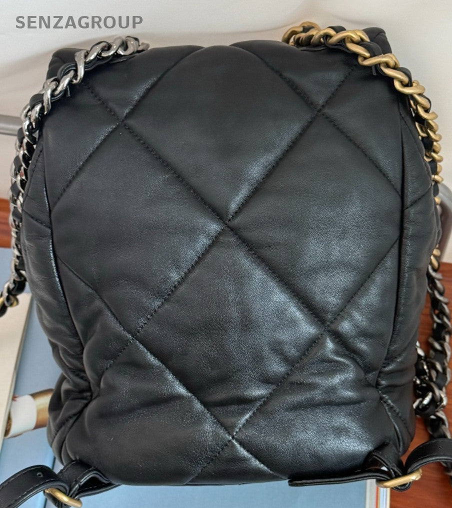 Chanel 19 Chain Backpack Gold Black Used Women Classic Diamond Pattern