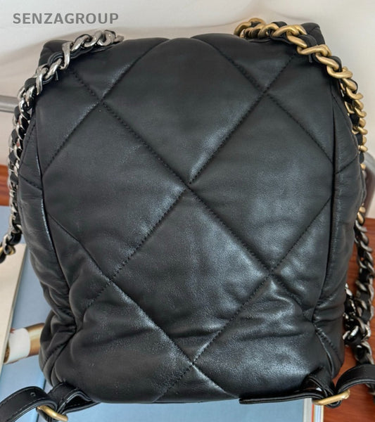 Chanel 19 Chain Backpack Gold Black Used Women Classic Diamond Pattern
