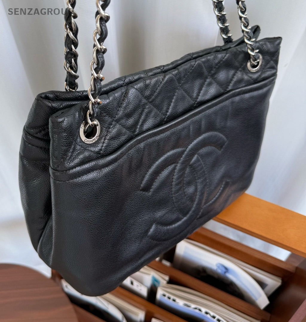 CHANEL CC Relief carving Calfskin Tote Chain Shoulder bag Black Silver Women