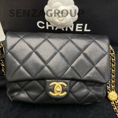 Chanel Coin Chain Crossbody Bag Black Gold Quilted Classic Women's Fashion