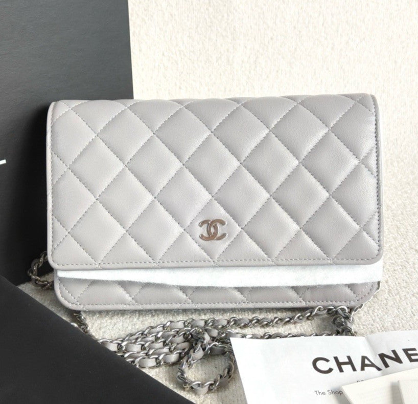 Chanel WOC Lambskin Chain Shoulder Bag Crossbody Gray Silver Women Classic