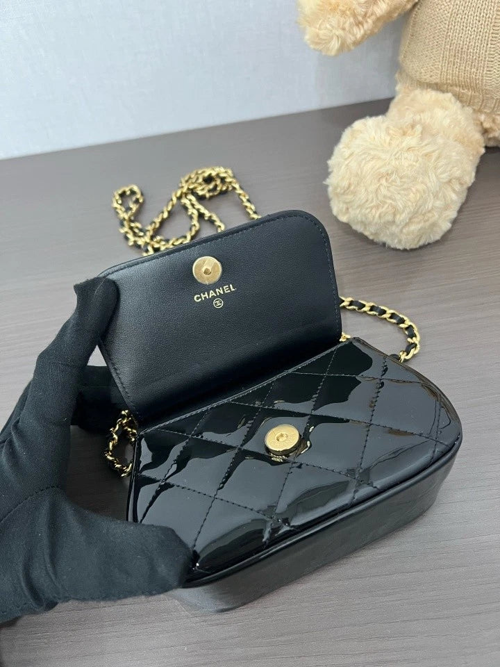 CHANEL Black Gold Patent Leather Mini Crossbody Bag For Women