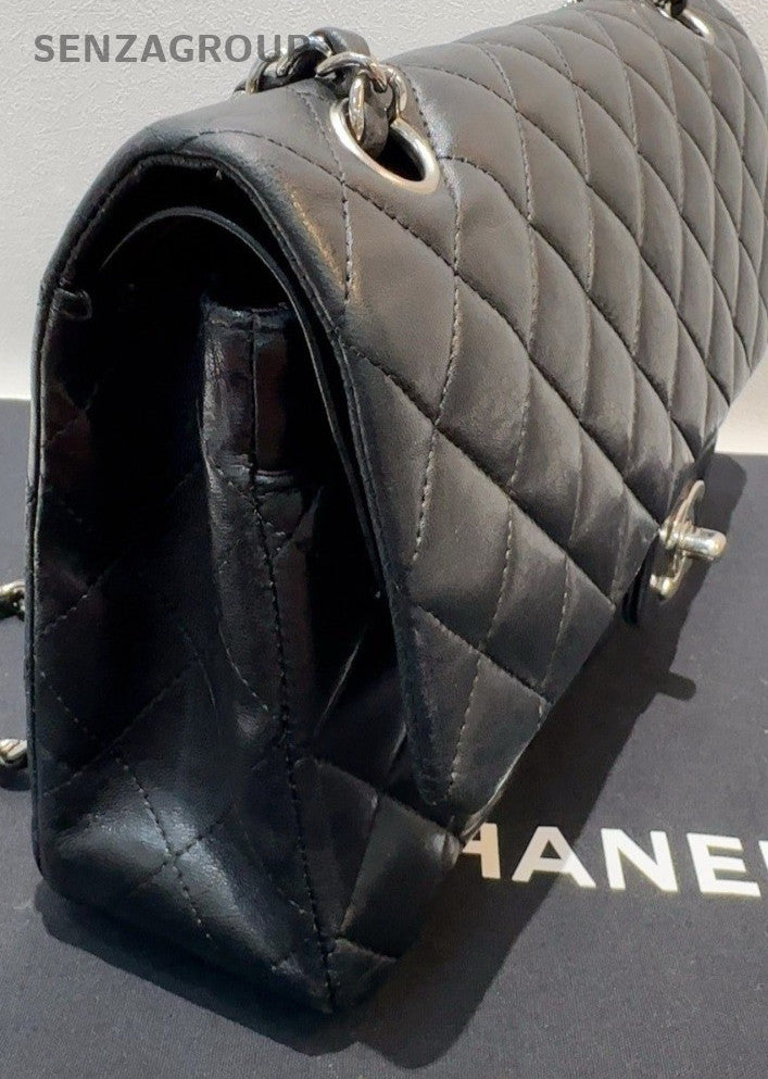 Chanel Classic Flap MM Lambkin Chain Shoulder Bag Black Silver Women Diamond