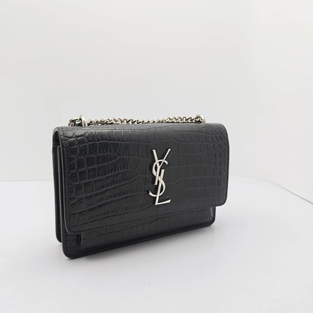 YSL Black Crocodile Embossed Mini Shoulder Crossbody Bag For Women