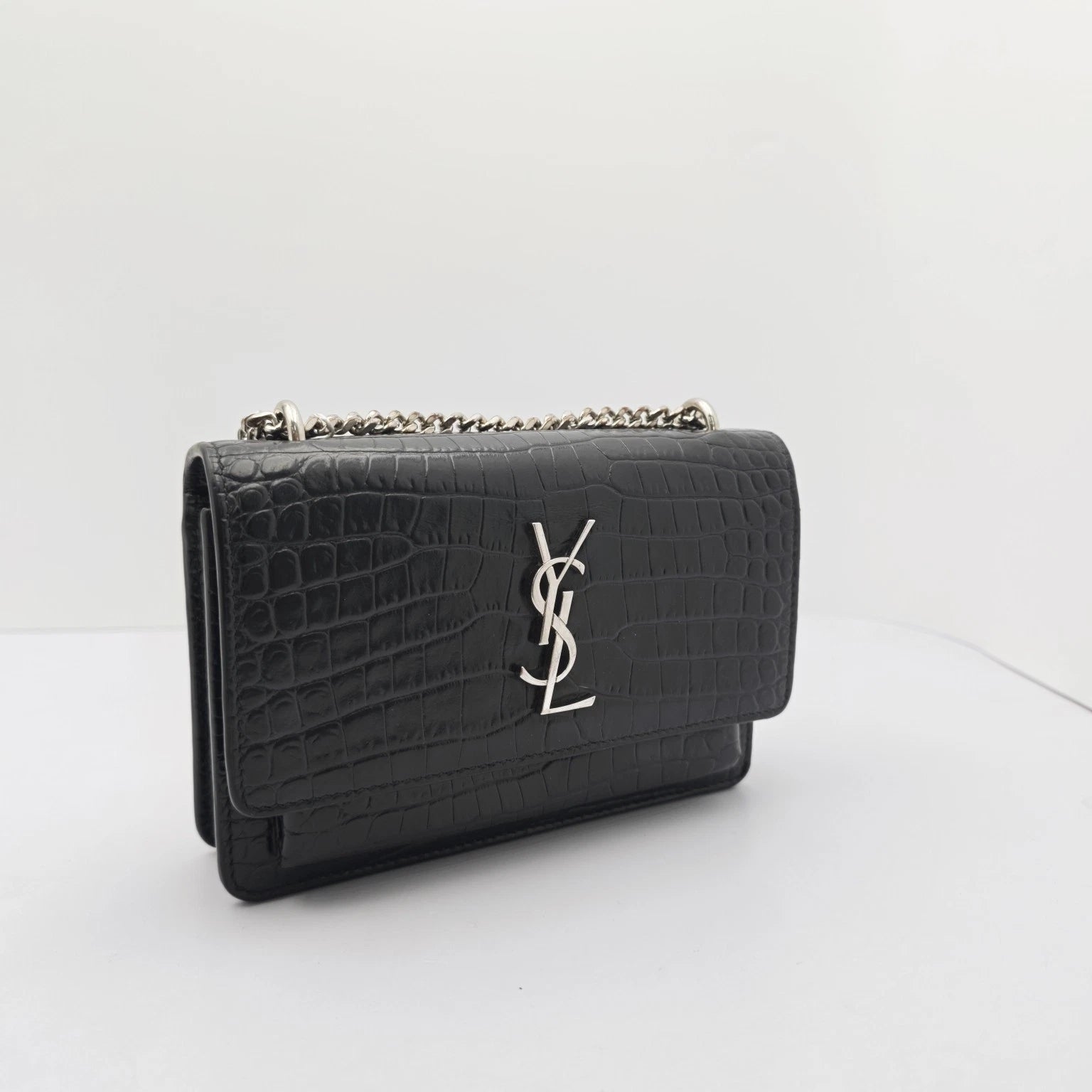 YSL Black Crocodile Embossed Mini Shoulder Crossbody Bag For Women
