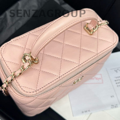 Chanel Quilted Vanity Case Pink Gold Handle Top Handle Crossbody Bag