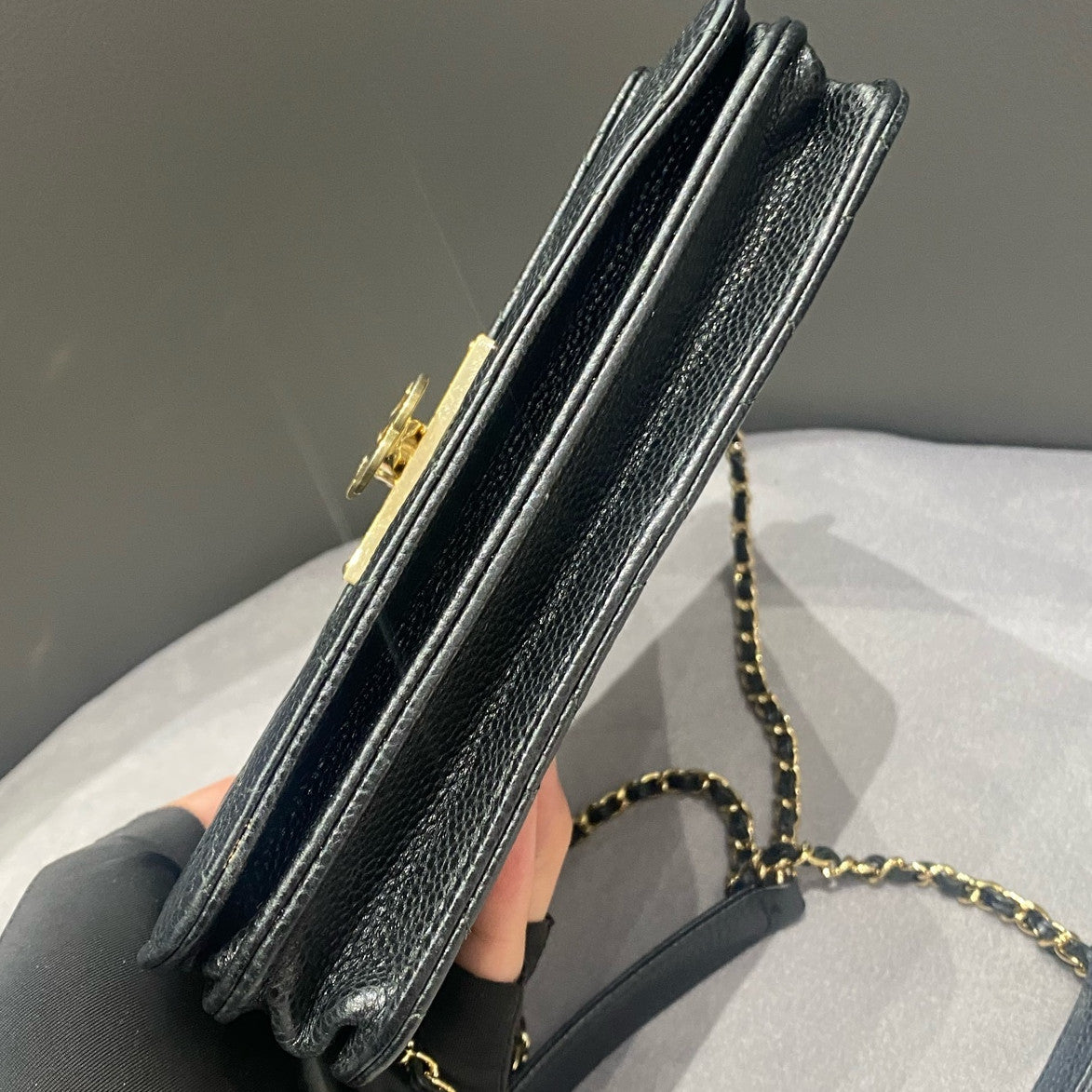 Chanel WOC Quilted Chain Shoulder Crossbody Bag Black Gold Classic