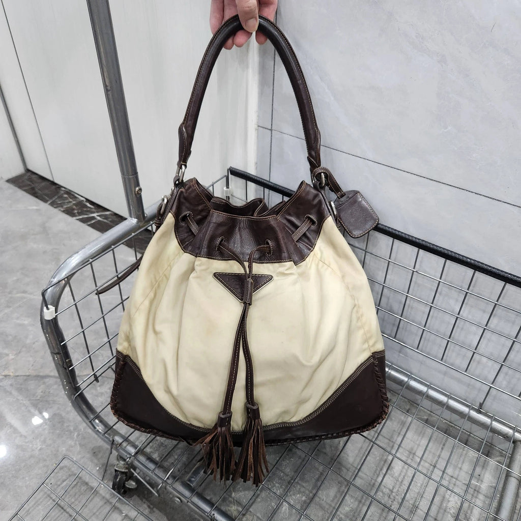 PRADA Nylon Colorblock Drawstring Bucket Shoulder Handbag For Women