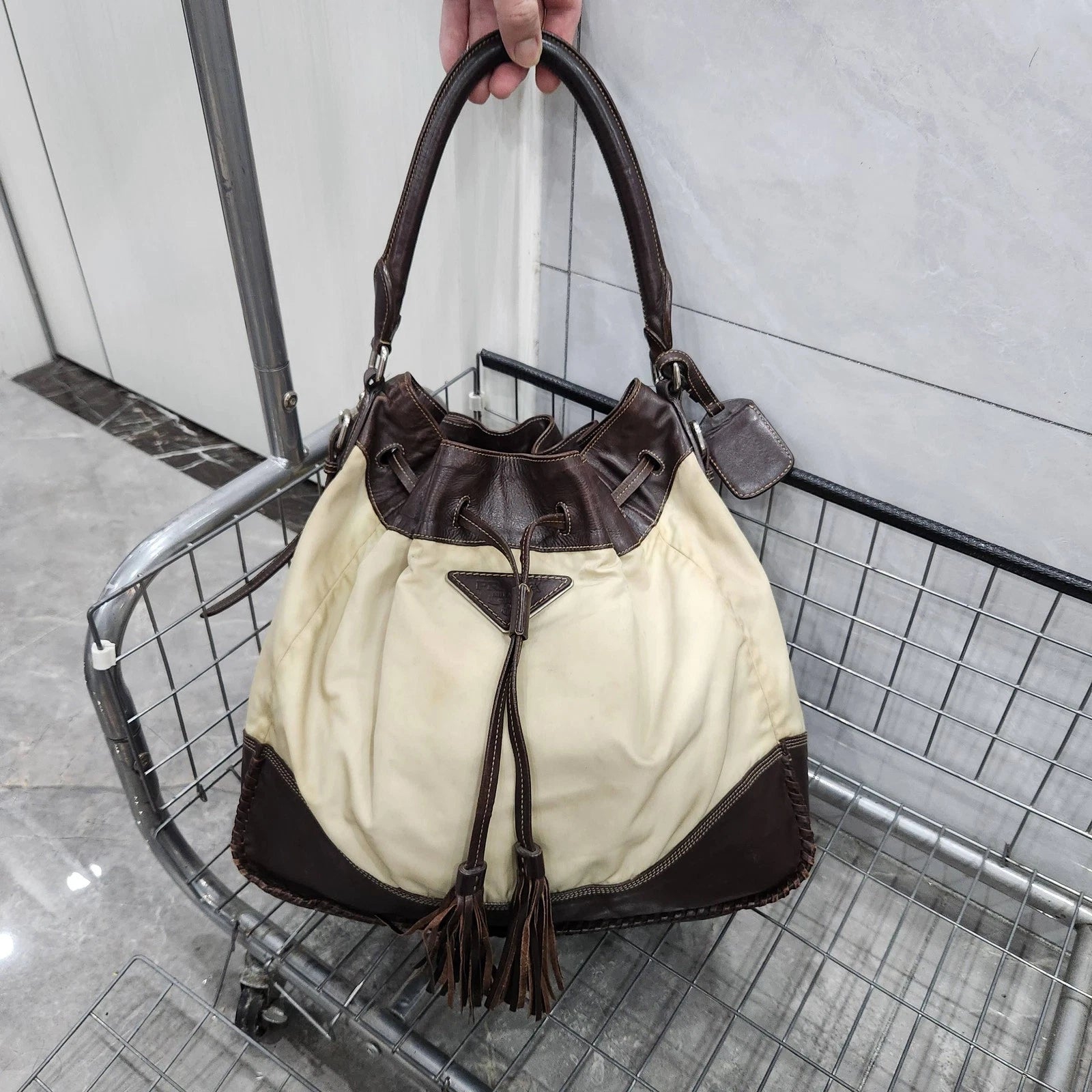 PRADA Nylon Colorblock Drawstring Bucket Shoulder Handbag For Women