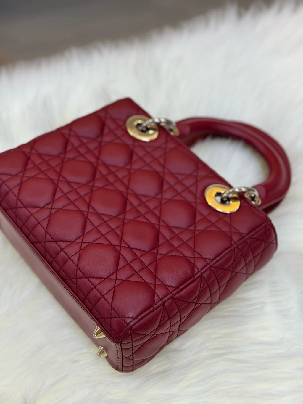Dior Red Lambskin 4-Grid Lady Dior Shoulder Bag For Women