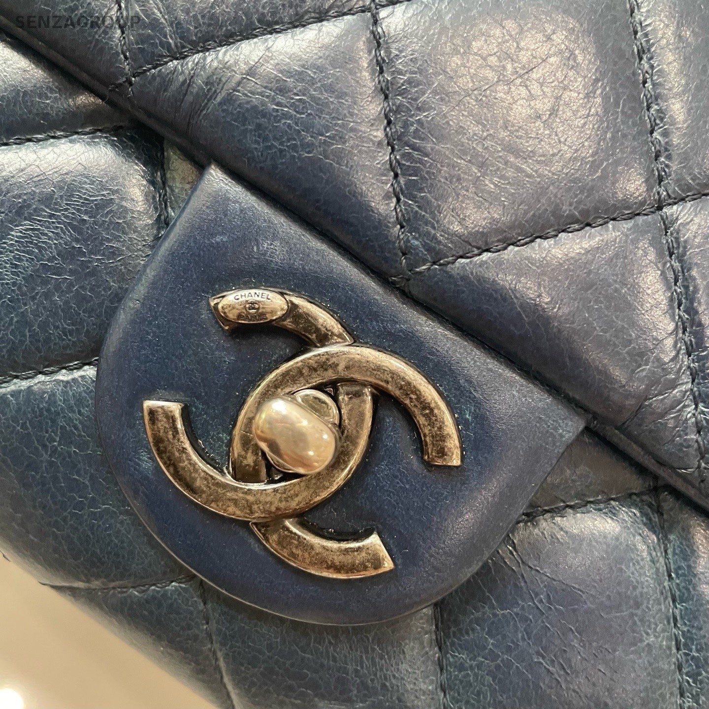 CHANEL Classic Flap Vintage Diamond Pattern Chain Shoulder bag Blue Silver