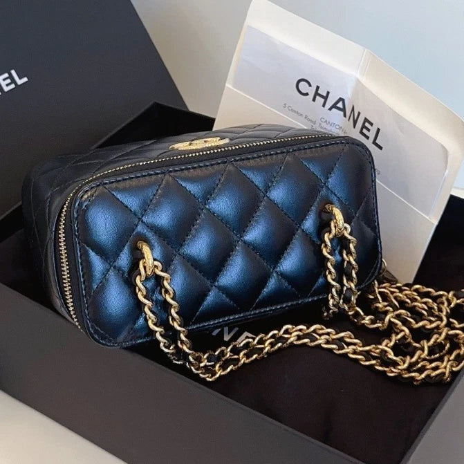 Chanel Vanity Case Chain Diamond Black Gold Shoulder Bag Crossbody Women