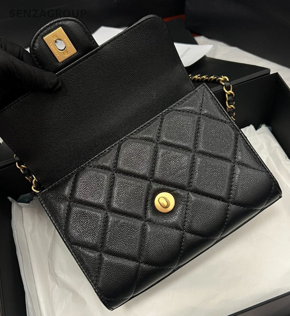 Chanel Mini Rectangular Flap Bag Chain Crossbody Black Gold Women Classic