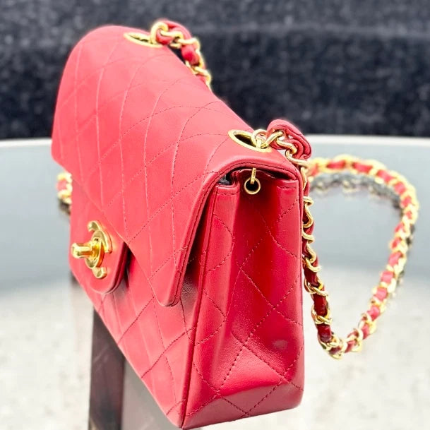 Chanel Vintage Lambskin Chain Shoulder Crossbody Bag Red Gold Women S