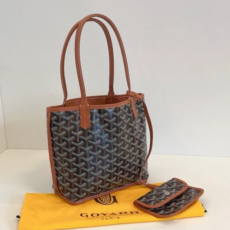 Goyard Anjou Mini Tote Top Handle Shoulder Bag Black Brown Excellent