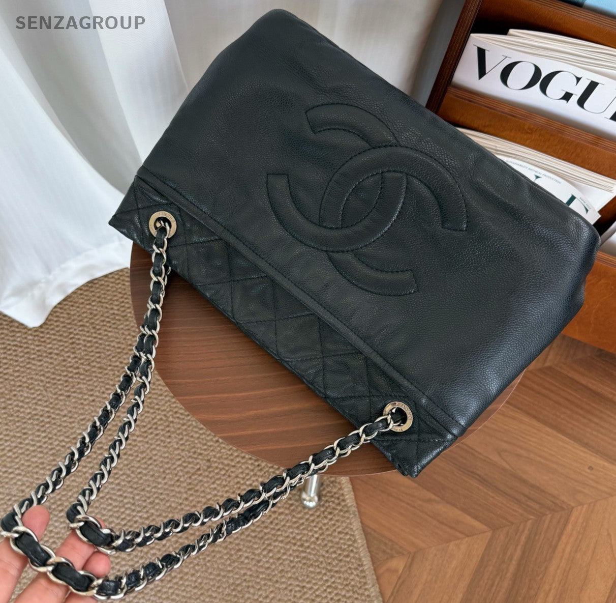 CHANEL CC Relief carving Calfskin Tote Chain Shoulder bag Black Silver Women