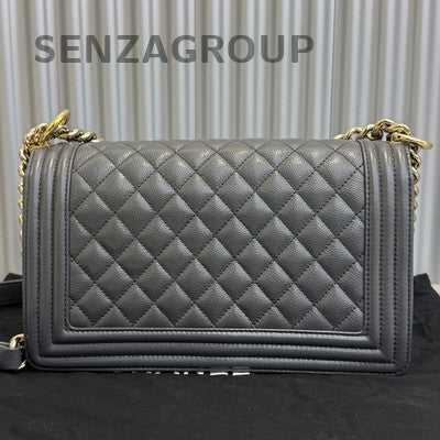 Chanel Le Boy Medium Grey Gold Hardware Calfskin Chain Shoulder Bag