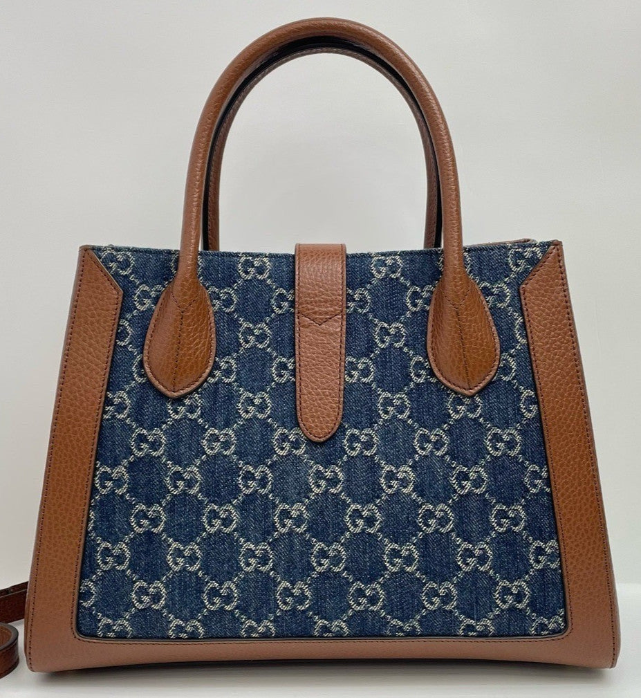 Gucci Jackie 1961 Denim Tote Top Handle Shoulder Crossbody Bag Blue Women