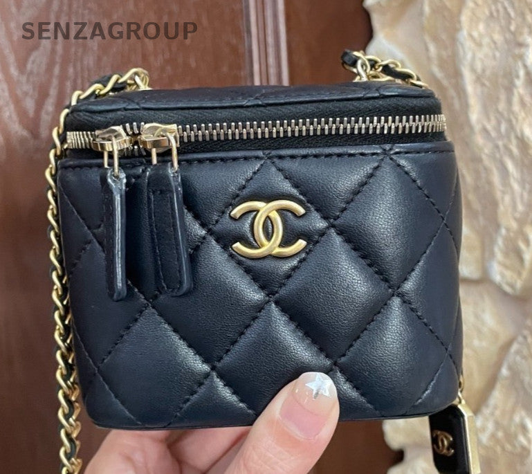 Chanel Vanity Box Chain Crossbody Black Gold Diamond Women Classic Fashion