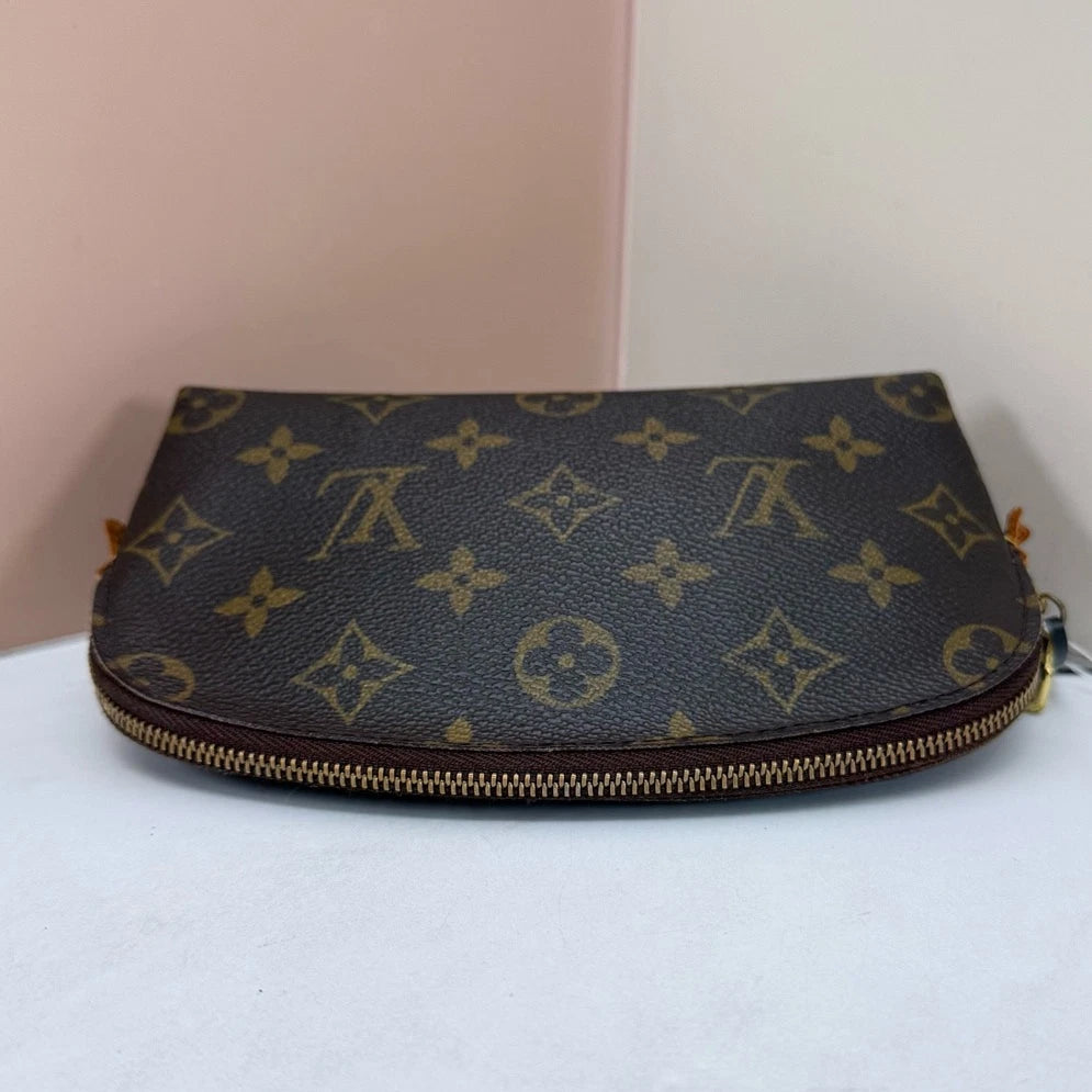 Louis Vuitton Cosmetic Pouch Monogram Clutch Brown Gold Women Classic