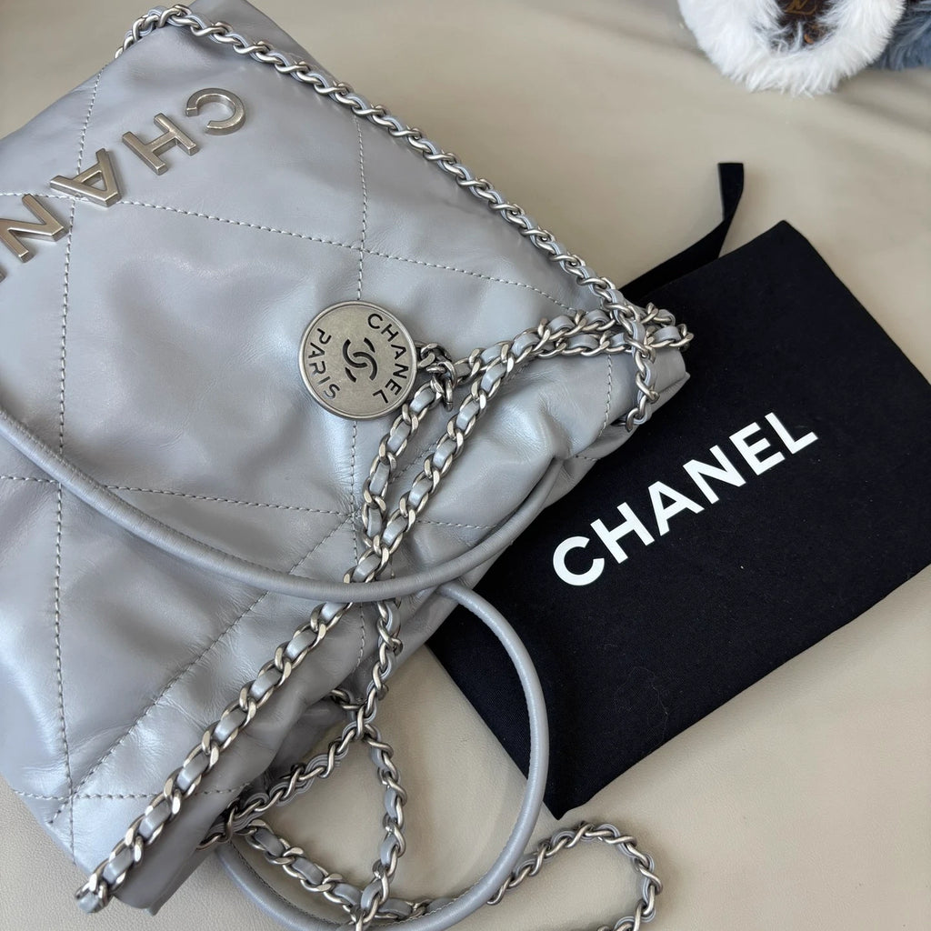 Chanel 22Bag Mini Calfskin Chain Shoulder Crossbody Gray Silver Women Classic