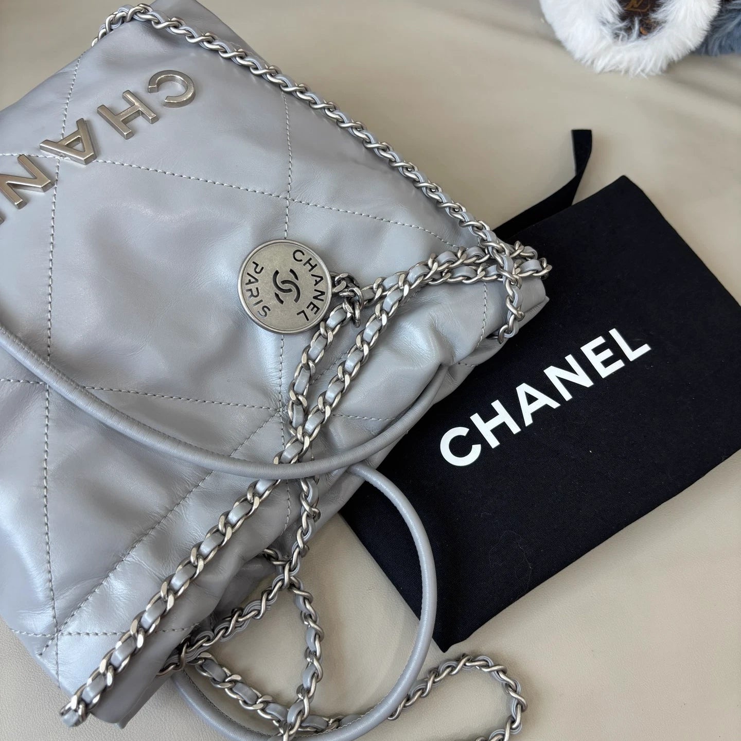 Chanel 22Bag Mini Calfskin Chain Shoulder Crossbody Gray Silver Women Classic